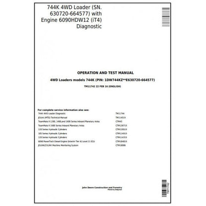 John Deere 744K 4WD Loader Pdf Diagnostic, Operation and Tests Service Manual TM11742