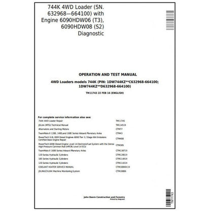 John Deere 744K 4WD Loader Pdf Diagnostic, Operation and Tests Service Manual TM11743
