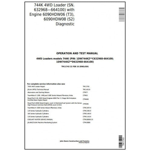 John Deere 744K 4WD Loader Pdf Diagnostic, Operation and Tests Service Manual TM11743