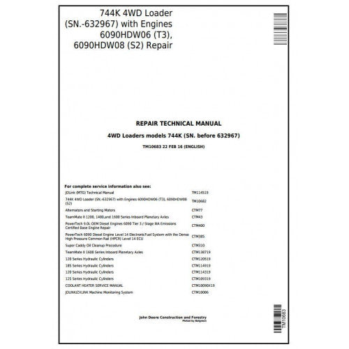 John Deere 744K 4WD Loader Pdf Technical Repair Service Manual TM10683