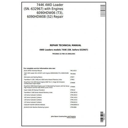 John Deere 744K 4WD Loader Pdf Technical Repair Service Manual TM10683