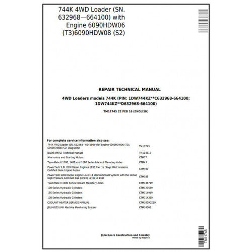 John Deere 744K 4WD Loader Pdf Technical Repair Service Manual TM11745