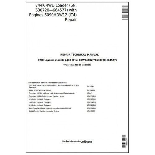 John Deere 744K Loader Pdf Technical Repair Service Manual TM11744