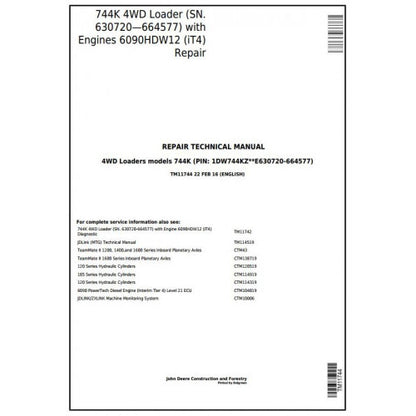 John Deere 744K Loader Pdf Technical Repair Service Manual TM11744