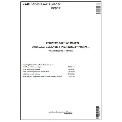 John Deere 744K Series II 4WD Loader Pdf Diagnostic, Operation and Tests Service Manual TM13218X19