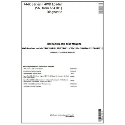 John Deere 744K Series II 4WD Loader Pdf Diagnostic, Operation and Tests Service Manual TM13219X19
