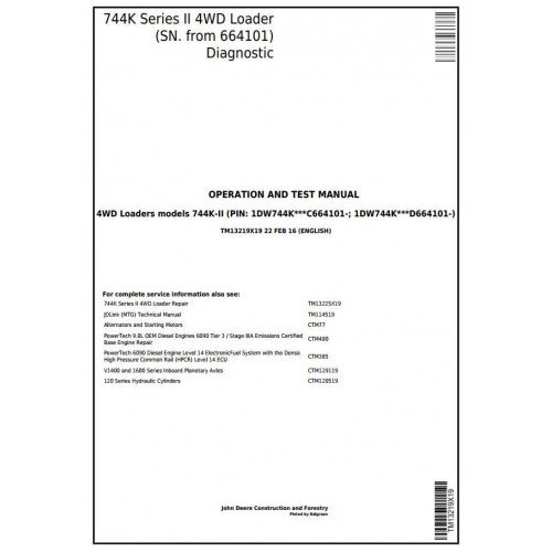 John Deere 744K Series II 4WD Loader Pdf Diagnostic, Operation and Tests Service Manual TM13219X19