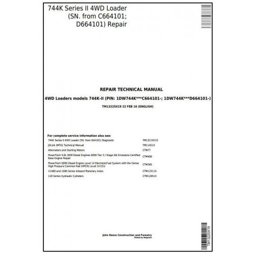 John Deere 744K Series II 4WD Loader Pdf Technical Repair Service Manual TM13225X19