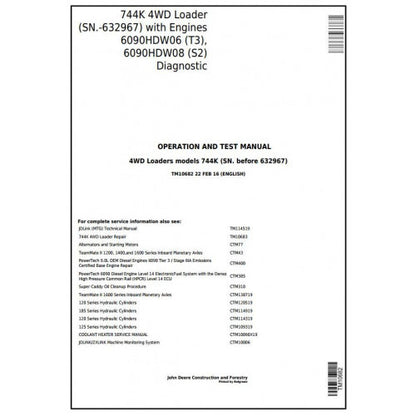 John Deere 744K (T3/S2) 4WD Loader Pdf Diagnostic, Operation and Tests Service Manual TM10682