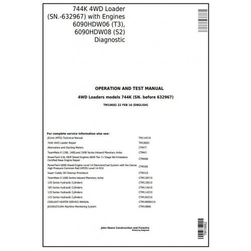 John Deere 744K (T3/S2) 4WD Loader Pdf Diagnostic, Operation and Tests Service Manual TM10682