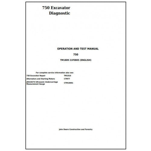 John Deere 750 Excavator Pdf Diagnostic, Operation and Tests Service Manual TM1809