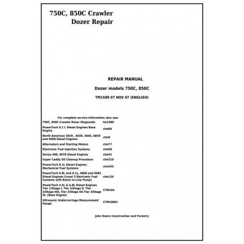 John Deere 750C, 850C Crawler Dozer Pdf Technical Repair Service Manual TM1589