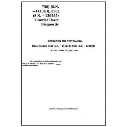 John Deere 750J, 850J Crawler Dozer Pdf Diagnostic, Operation and Tests Service Manual TM2260