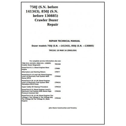 John Deere 750J, 850J Crawler Dozer Pdf Technical Repair Service Manual TM2261