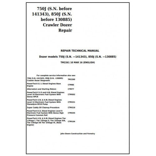 John Deere 750J, 850J Crawler Dozer Pdf Technical Repair Service Manual TM2261