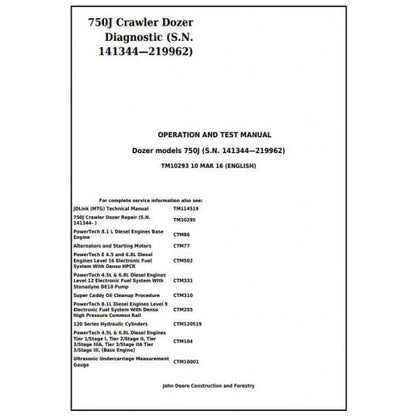 John Deere 750J Crawler Dozer Pdf Diagnostic and Test Service Manual TM10293