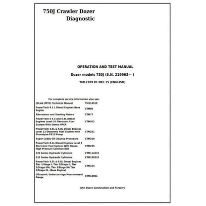 John Deere 750J Crawler Dozer Pdf Diagnostic, Operation and Tests Service Manual TM12709
