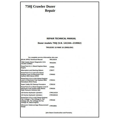 John Deere 750J Crawler Dozer Pdf Technical Repair Service Manual TM10295