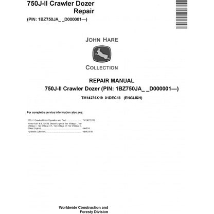 John Deere 750J-II Crawler Dozer Pdf Technical Repair Service Manual TM14276X19