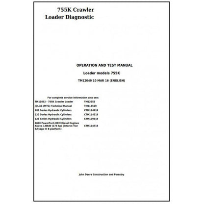 John Deere 755K Crawler Loader Pdf Diagnostic, Operation and Tests Service Manual TM12049