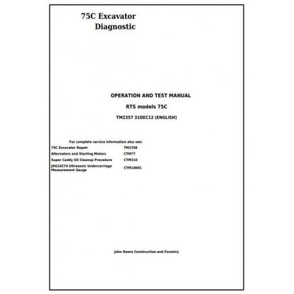 John Deere 75C RTS Excavator Pdf Diagnostic, Operation and Tests Service Manual TM2357