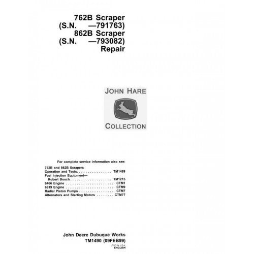 John Deere 762B, 862B Scraper Pdf Technical Repair Service Manual TM1490