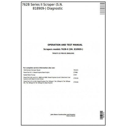 John Deere 762B Series II Scraper Pdf Diagnostic, Operation and Tests Service Manual TM1673