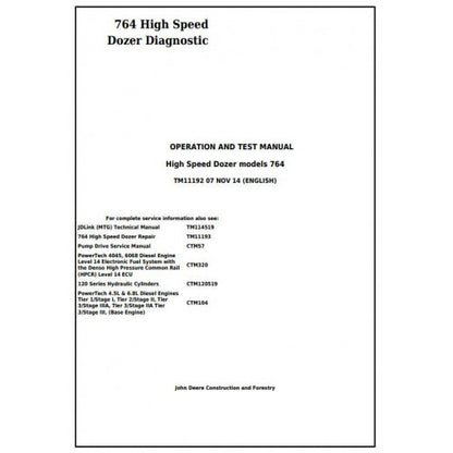 John Deere 764 High Speed Crawler Dozer Pdf Diagnostic, Operation and Tests Service Manual TM11192