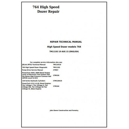 John Deere 764 High Speed Crawler Dozer Pdf Technical Repair Service Manual TM11193