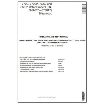 John Deere 770G, 770GP, 772G, 772GP Grader Pdf Diagnostic, Operation and Tests Service Manual TM13026X19