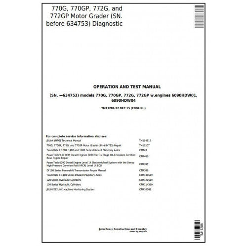 John Deere 770G, 770GP, 772G, 772GP Motor Grader Pdf Diagnostic, Operation and Tests Service Manual TM11206