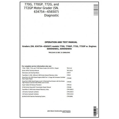 John Deere 770G, 770GP, 772G, 772GP Motor Grader Pdf Diagnostic, Operation and Tests Service Manual TM12140