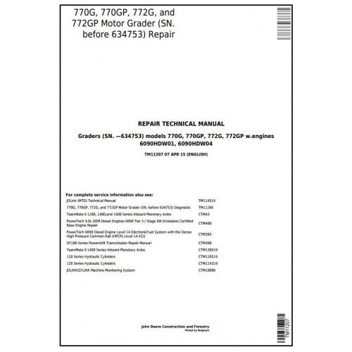 John Deere 770G, 770GP, 772G, 772GP Motor Grader Pdf Technical Repair Service Manual TM11207