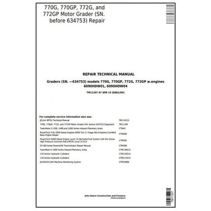 John Deere 770G, 770GP, 772G, 772GP Motor Grader Pdf Technical Repair Service Manual TM11207