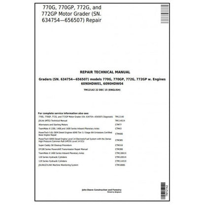 John Deere 770G, 770GP, 772G, 772GP Motor Grader Pdf Technical Repair Service Manual TM12142