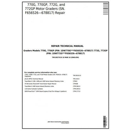 John Deere 770G, 770GP, 772G, 772GP Motor Grader Pdf Technical Repair Service Manual TM13027X19