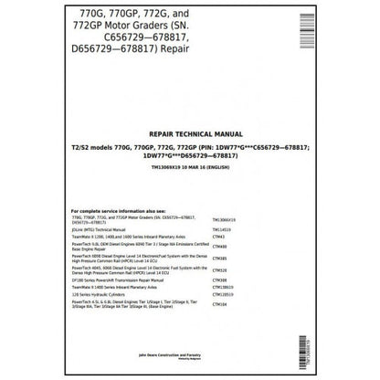 John Deere 770G, 770GP, 772G, 772GP Motor Grader Pdf Technical Repair Service Manual TM13069X19