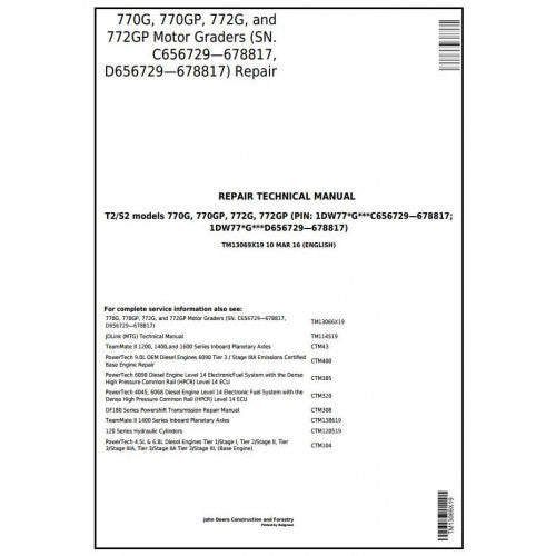 John Deere 770G, 770GP, 772G, 772GP Motor Grader Pdf Technical Repair Service Manual TM13069X19
