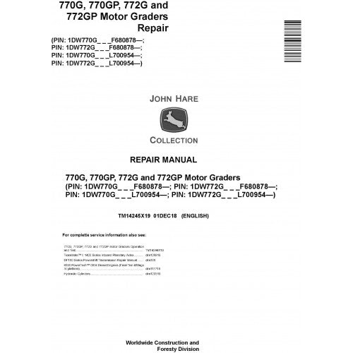 John Deere 770G, 770GP, 772G, 772GP Motor Graders Pdf Technical Repair Service Manual TM14245X19
