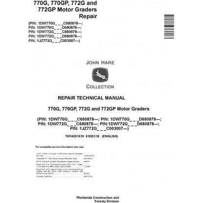 John Deere 770G, 770GP, 772G, 772GP Motor Graders Pdf Technical Repair Service Manual TM14251X19