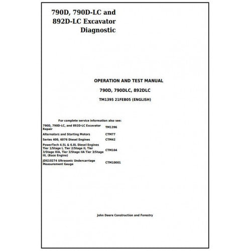 John Deere 790D, 790DLC and 892DLC Excavator Pdf Diagnostic, Operation and Tests Service Manual TM1395