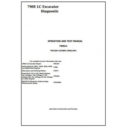 John Deere 790E LC Excavator Pdf Diagnostic, Operation and Tests Service Manual TM1506