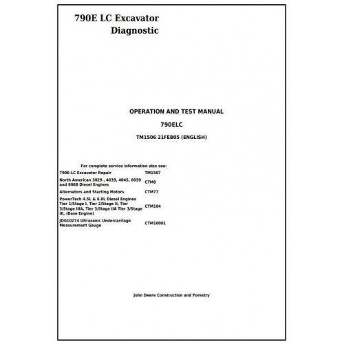 John Deere 790E LC Excavator Pdf Diagnostic, Operation and Tests Service Manual TM1506