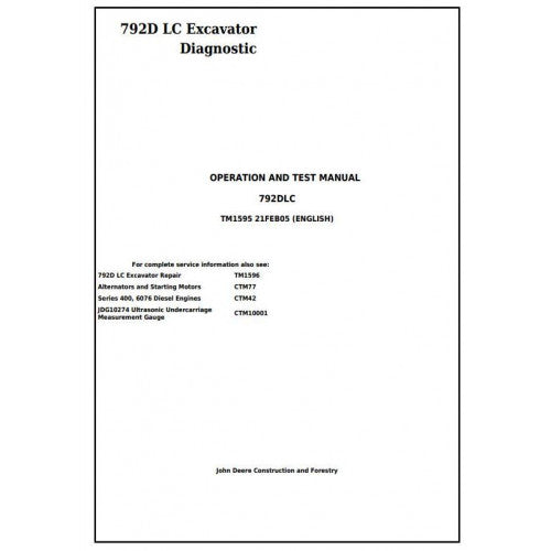 John Deere 792D LC Excavator Pdf Diagnostic, Operation and Tests Service Manual TM1595