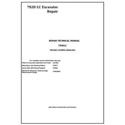 John Deere 792D LC Excavator Pdf Technical Repair Service Manual TM1596