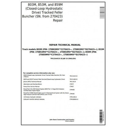 John Deere 803M 853M 859M Feller Buncher Pdf Technical Repair Service Manual TM13244X19
