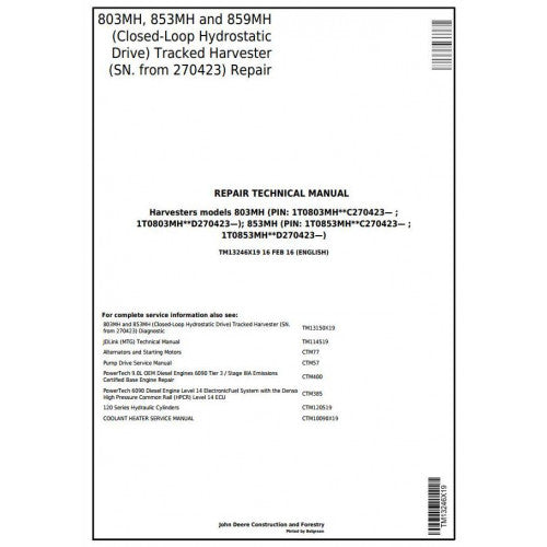 John Deere 803MH, 853MH, 859MH Harvester Pdf Technical Repair Service Manual TM13246X19
