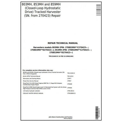John Deere 803MH, 853MH, 859MH Harvester Pdf Technical Repair Service Manual TM13246X19