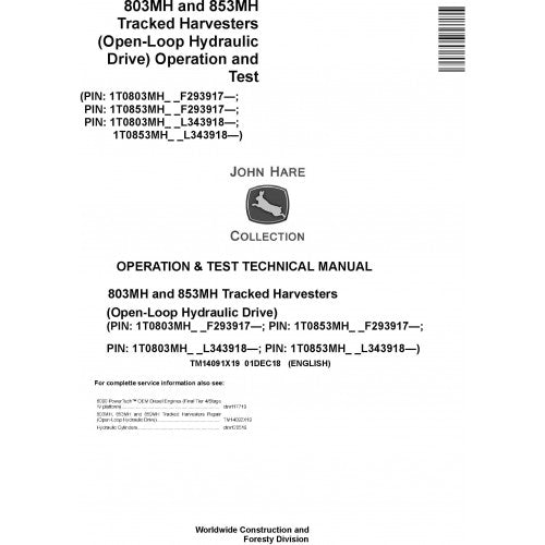 John Deere 803MH, 853MH Harvester Pdf Diagnostic, Operation and Tests Service Manual TM14091X19