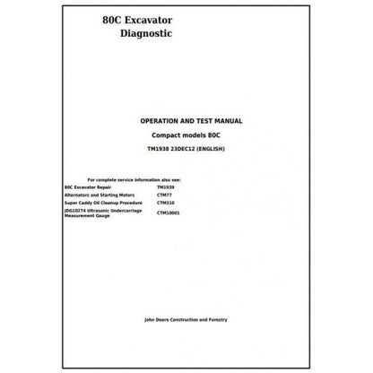 John Deere 80C Excavator Pdf Diagnostic, Operation and Tests Service Manual TM1938